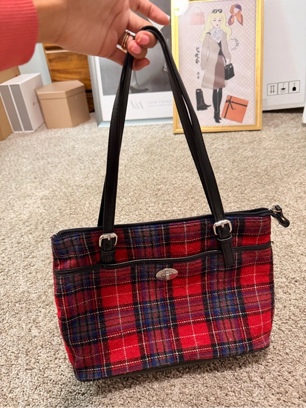 Tommy Hilfiger Red Plaid Shoulder Bag with Black Straps
